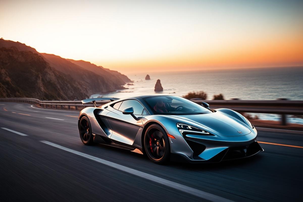 Silver modern supercar on a Californian coastal highway at sunset