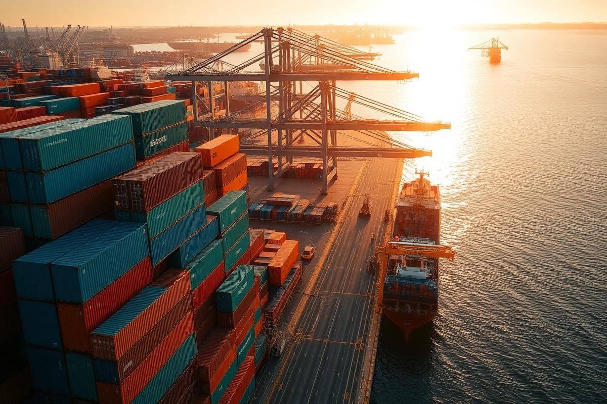 Aerial view of a modern cargo port with stacked shipping containers and bulk freighters at golden hour