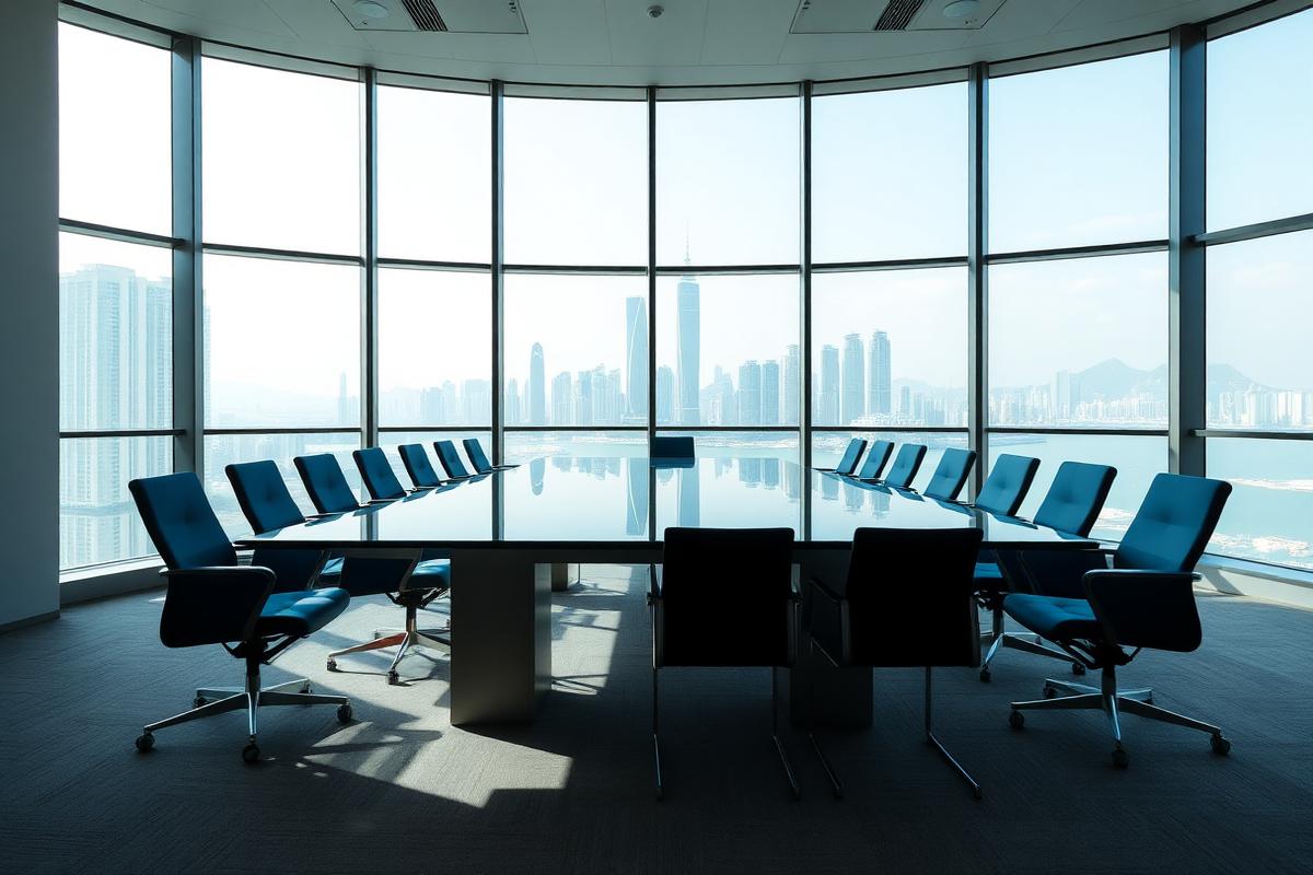 Minimal modern executive boardroom overlooking a bright Hong Kong harbour skyline