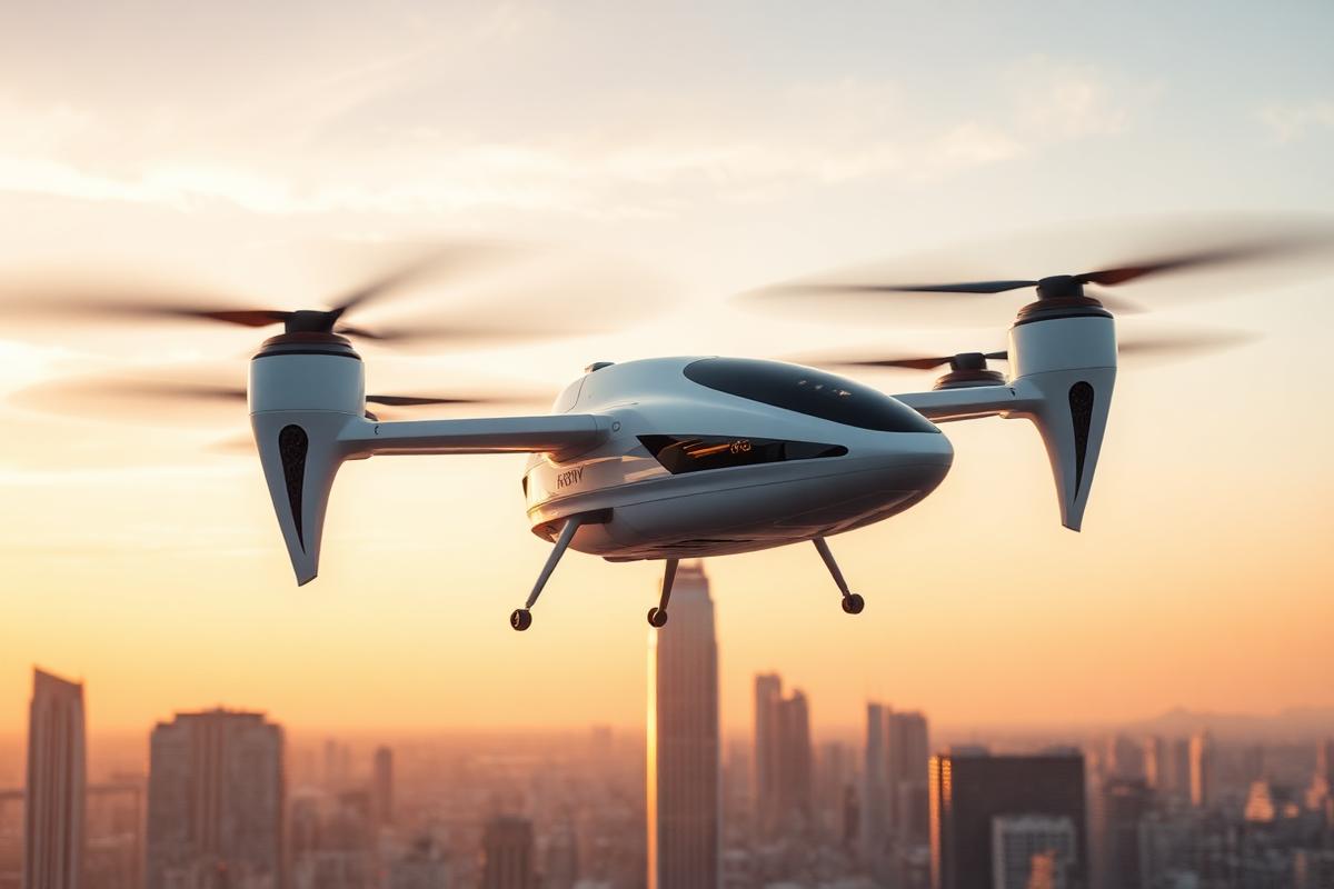 White eVTOL air taxi hovering above a city skyline at golden hour