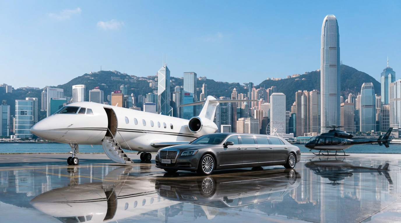 Private jet on a bright Hong Kong apron with a black limousine parked alongside and a helicopter in the background
