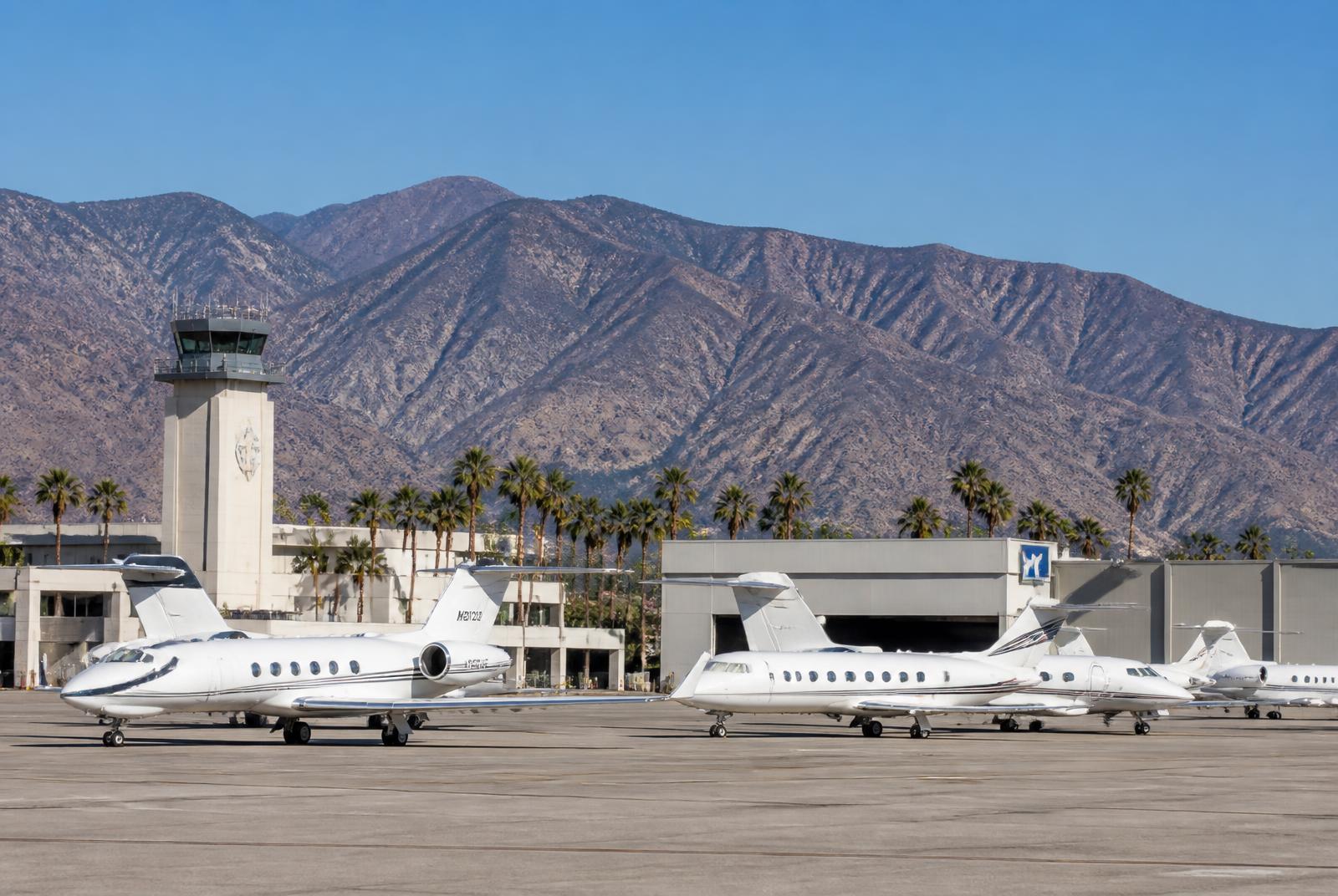 Business jets parked at San Bernardino International Airport with mountains behind