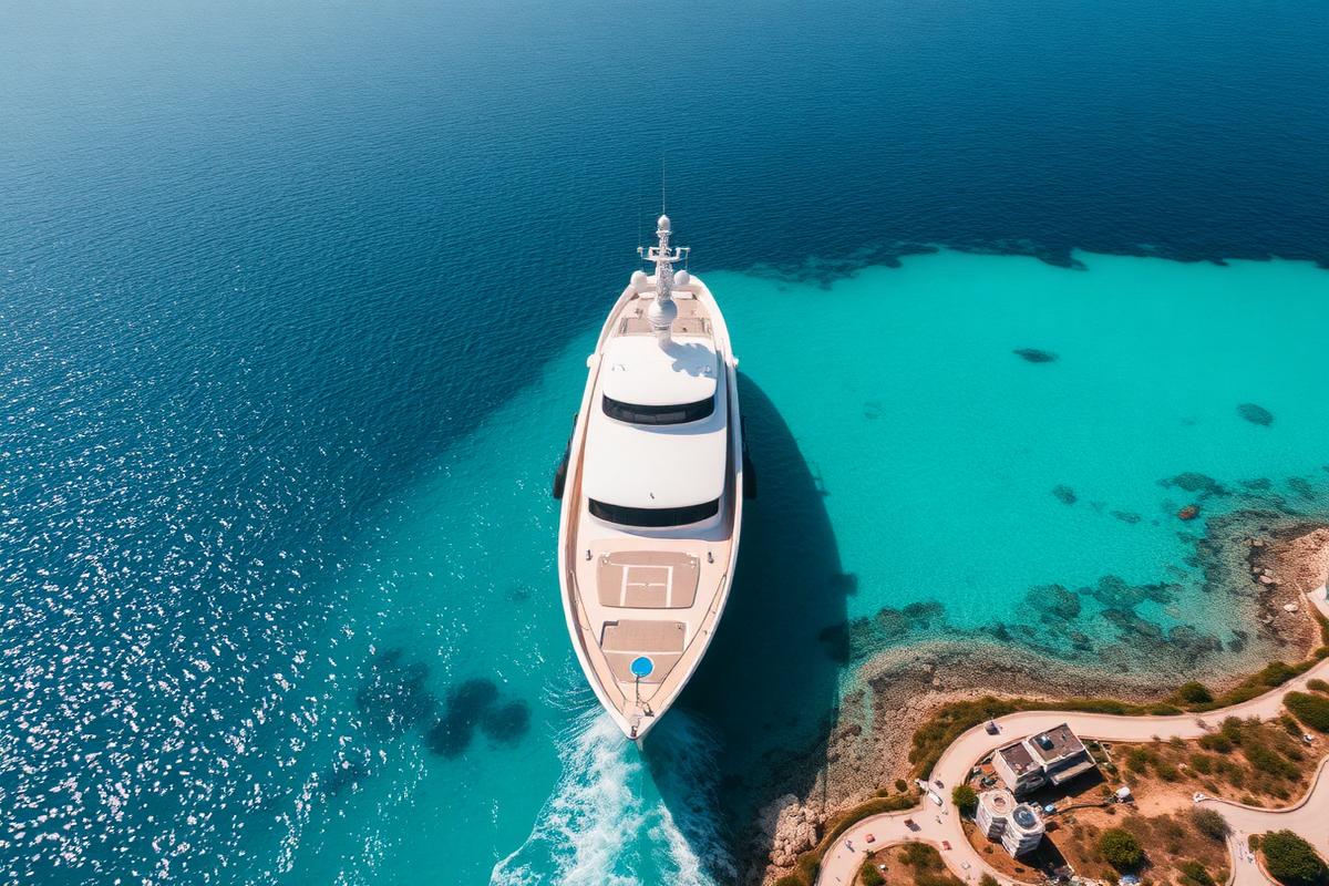 Modern superyacht anchored in a turquoise bay, seen from above